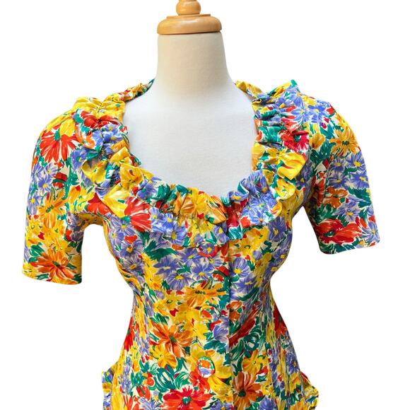 VTG Oscar de la Renta Studio Silk Blouse Top Jacket Small Floral Button Ruffles - Picture 2 of 14